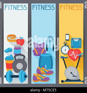 Sports vertical banners with fitness icons in flat style Stock Vector