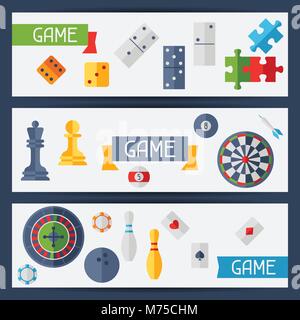 Horizontal banners with game icons in flat design style Stock Vector