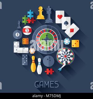Background with game icons in flat design style. Stock Vector