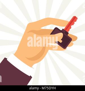Illustration of hand holding key in flat style Stock Vector