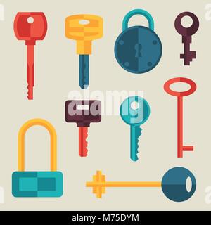 Locks and keys icons set in flat style Stock Vector