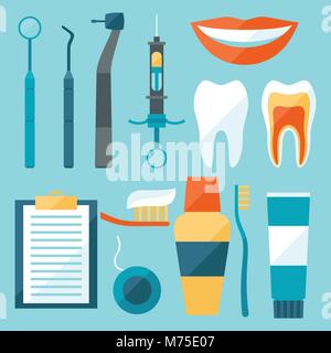 Medical dental equipment icons set in flat style Stock Vector