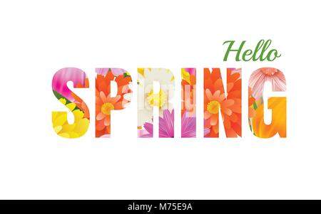 Hello spring flowers design in text background. Stock Vector