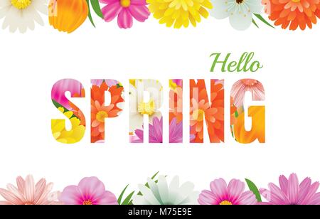 Hello spring flowers design in text background. Stock Vector