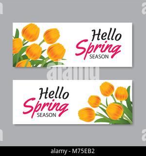 Hello spring greeting card banner template with colorful flower.Can be use voucher, wallpaper,flyers, invitation, posters, brochure, coupon discount. Stock Vector