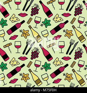 Seamless pattern with wine and food icons. Background for cards, decoration, menus, web, banners and designs related to wine. Vector illustration. Stock Vector