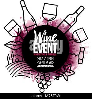 Concept with vineyard and wine icons. Wine stains background Stock Vector