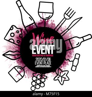 Concept with food and drink icons. background texture of wine stains. Vector Illustration. Stock Vector