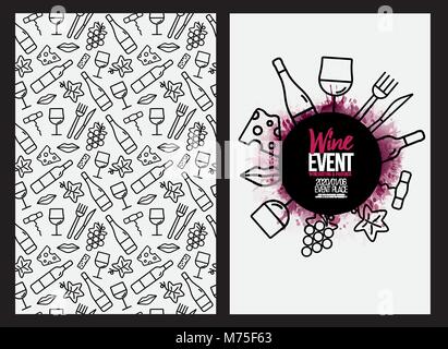template design with wine icons pattern background. Idea for your food and drink designs. Vector illustrations. Stock Vector