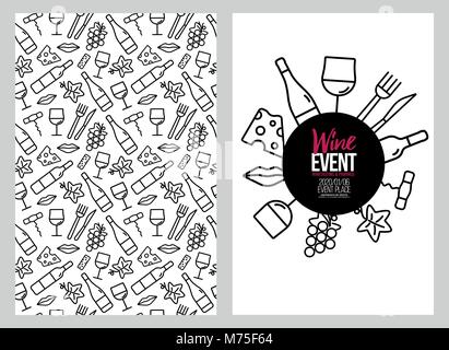 template design with wine icons pattern background. Idea for your food and drink designs. Vector illustrations. Stock Vector
