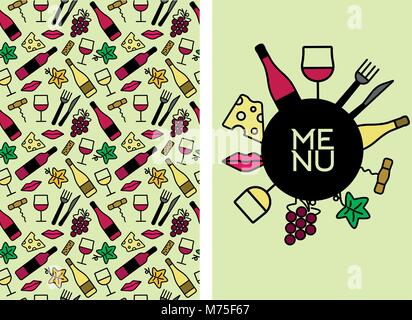 template design with wine icons pattern background. Idea for your food and drink designs. Flat colors. Vector illustrations. Stock Vector