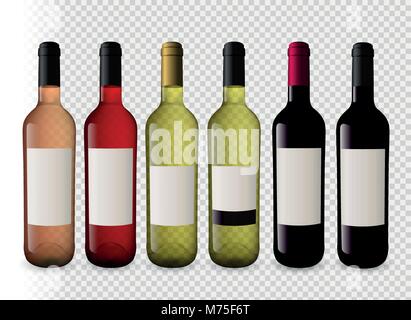 Set illustrations of wine bottles with transparent background. Bottles of red wine, white wine and rosé wine. Plugs of different colors. Stock Vector