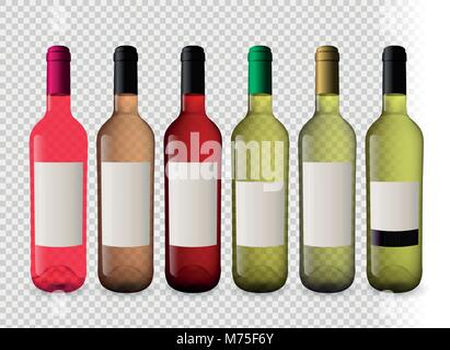 Set illustrations of wine bottles with transparent background. Bottles of white wine and rosé wine. Plugs of different colors. Model for your designs. Stock Vector