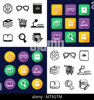 Library All in One Icons Black & White Color Flat Design Freehand Set Stock Vector