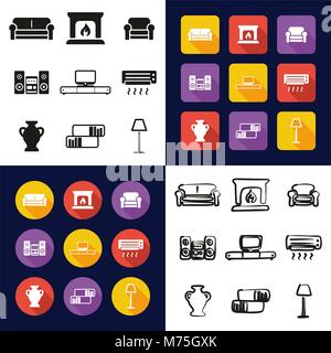 Living Room All in One Icons Black & White Color Flat Design Freehand Set Stock Vector