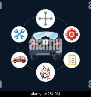 car with mechanic tools around over black background, colorful design vector illustration Stock Vector