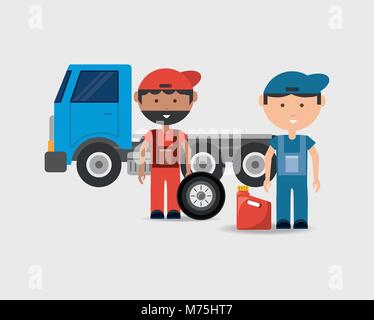 Car service design with tow truck and mechanics men over white background, colorful design vector illustration Stock Vector