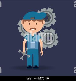 Car service design with cartoon mechanic holding a lug wrech over gear wheels and blue background, colorful design vector illustration Stock Vector