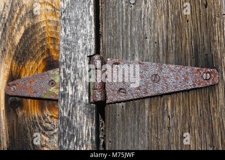A rusted hinge on the door of an old barn. Stock Photo