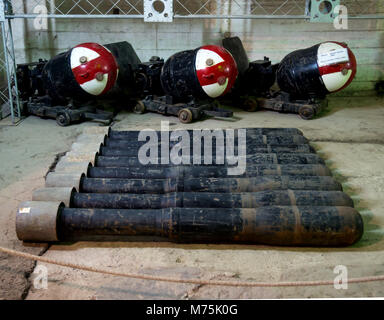 Balaklava, Russia - November 14, 2015: The exhibits of arms in the hall of the mine and torpedo, an underground museum complex Balaklava, Crimea Stock Photo