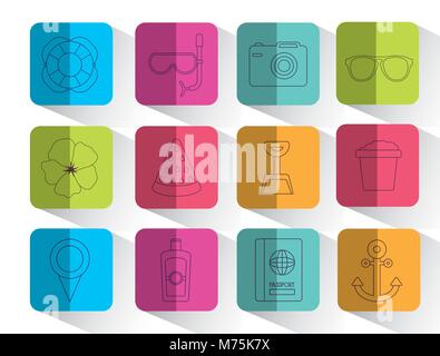 Icon set of Hello summer concept over colorful squares and white background, vector illustration Stock Vector