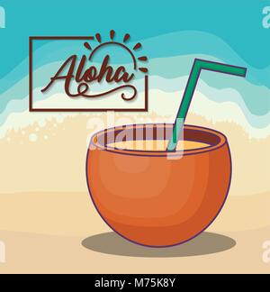 Aloha design with coconut cocktail icon over beach background, colorful design vector illustration Stock Vector