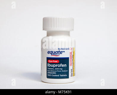 Bottle of Equate, generic Ibuprofen, (dye-free) which is used to reduce inflammation and pain in the body and head. Stock Photo