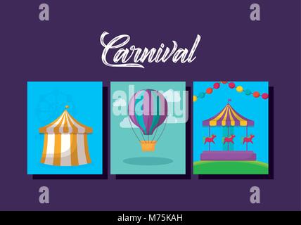 Carnival circus design with circus tent and carousel with  hot air ballon icon over purple background, vector illustration Stock Vector