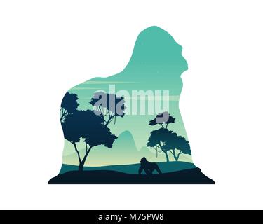 Silhouette of gorilla on the hill scenery Stock Vector