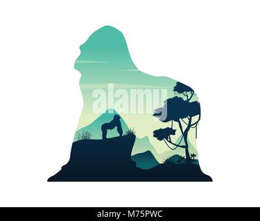 Silhouette of gorilla on the hill scenery Stock Vector