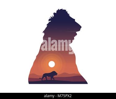Silhouette of lion on the hill beauty landscape Stock Vector
