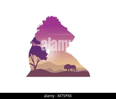 Silhouette of lion on the hill beauty landscape Stock Vector