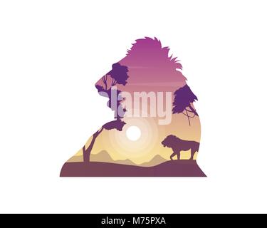 Silhouette of lion on the hill beauty landscape Stock Vector