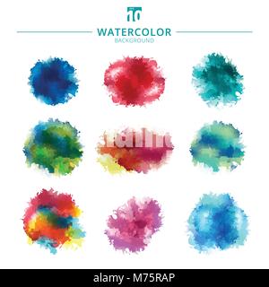 Set of multicolored watercolor paint stains and splatter isolated on white backgrounds. Vector illustration Stock Vector