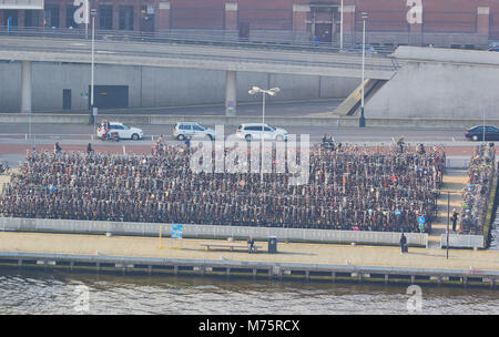 Giant bicycle park on banks of the IJ  river, Amsterdam's waterfront, Amsterdam, Netherlands Stock Photo