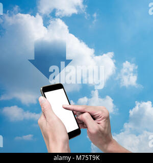 One downloading information and data from cloud storage service Stock Photo