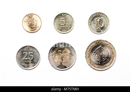 Turkish coins on a white background Stock Photo