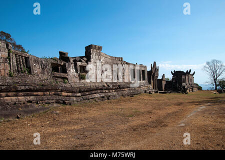 Dangrek Mountains Cambodia, view of collapsed wall at the 11th century Preah Vihear Temple Stock Photo