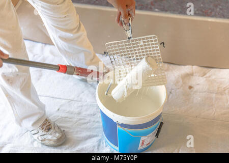 Close up of paint roller and bucket in empty white room with whitewasher legs. Stock Photo