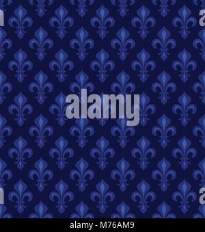 Royal Heraldic Lilies (Fleur-de-lis) — dark night violet velvet, seamless pattern, wallpaper background. Stock Vector