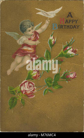 A vintage greeting card depicting an angel holding a dove with flowers, conveying a message of celebration and peace for a birthday occasion. Stock Photo