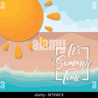 Summer time design with sun icon over beach background, colorful design vector illustration Stock Vector