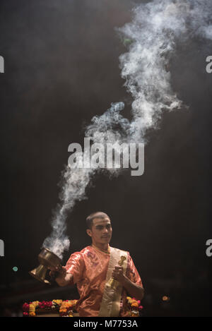 Ganga Aarti Hindu ceremony at Dasaswamedh Ghat, Varanasi, Uttar Pradesh, India, Asia Stock Photo