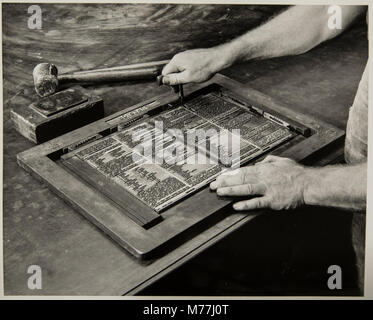 This image shows the process of typesetting in book manufacturing, a ...