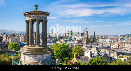 Dugald Stewart Monument, city centre and Edinburgh skyline panorama, Calton Hill, Edinburgh, Midlothian, Scotland, United Kingdom, Europe Stock Photo