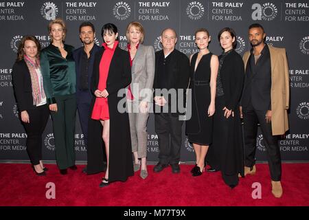 New York, NY, USA. 8th Mar, 2018. Allie Goss, Janet McTeer, J.R. Ramirez, Krysten Ritter, Melissa Rosenberg, Jeph Loeb, Rachael Taylor, Carrie-Anne Moss, Eka Darville at arrivals for An Evening with Marvel's Jessica Jones, The Paley Center for Media, New York, NY March 8, 2018. Credit: Jason Smith/Everett Collection/Alamy Live News Stock Photo