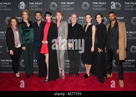 New York, NY, USA. 8th Mar, 2018. Allie Goss, Janet McTeer, J.R. Ramirez, Krysten Ritter, Melissa Rosenberg, Jeph Loeb, Rachael Taylor, Carrie-Anne Moss, Eka Darville at arrivals for An Evening with Marvel's Jessica Jones, The Paley Center for Media, New York, NY March 8, 2018. Credit: Jason Smith/Everett Collection/Alamy Live News Stock Photo