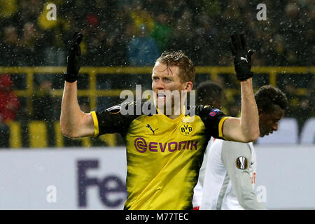 Dortmund, Germany. 8th Mar, 2018. Andre Schurrle of Dortmund celebrates scoring during the UEFA Europa League round of 16 first leg match between Germany's Borussia Dortmund and Austria's FC Red Bull Salzburg at the Signal Iduna Park in Dortmund, Germany, on March 8, 2018. FC Red Bull Salzburg won 2-1. Credit: Joachim Bywaletz/Xinhua/Alamy Live News Stock Photo