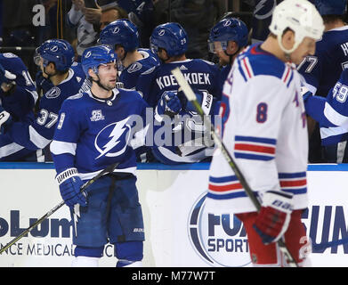 Tampa, Florida, USA. 8th Mar, 2018. DIRK SHADD | Times .Tampa Bay Lightning center Tyler Johnson (9) celebrate his goal as New York Rangers defenseman Marc Staal (18) looks on after Johnson beat Rangers goaltender Alexandar Georgiev (40) to go up 5 to 1 during second period action at Amalie Arena in Tampa Thursday evening (03/08/18) Credit: Dirk Shadd/Tampa Bay Times/ZUMA Wire/Alamy Live News Stock Photo