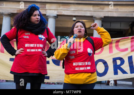 London, UK. 8th March, 2018. Susana Benavides addresses members and supporters of the United Voices of the World trade union on International Women's Day before a protest inside a branch of Topshop to demand fair treatment of women at work, at home and in the community. Credit: Mark Kerrison/Alamy Live News Stock Photo